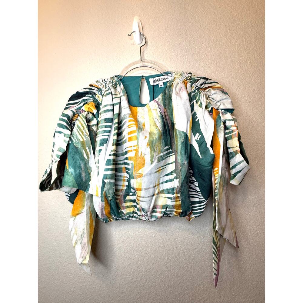 NWT Andrea Iyamah Halima Bow Crop Top Abstract Bark Women's Size M Boho Beach - Picture 2 of 4